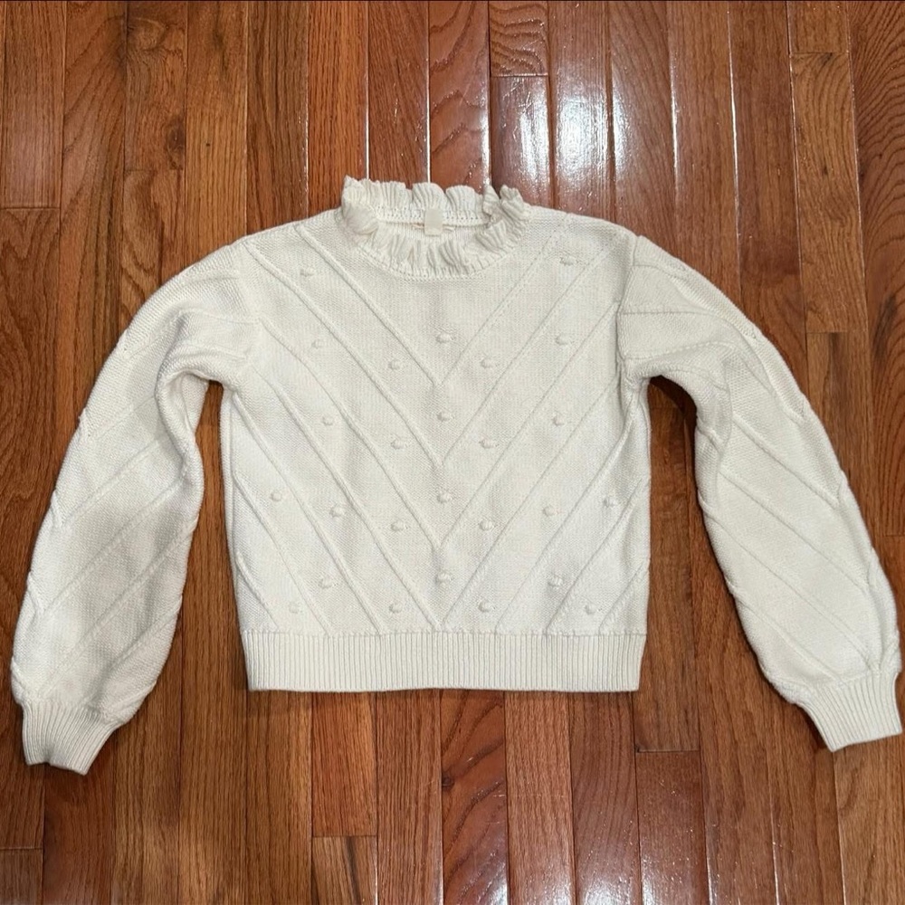 Crewcuts Textured ruffled neckline Pom Pom Sweater